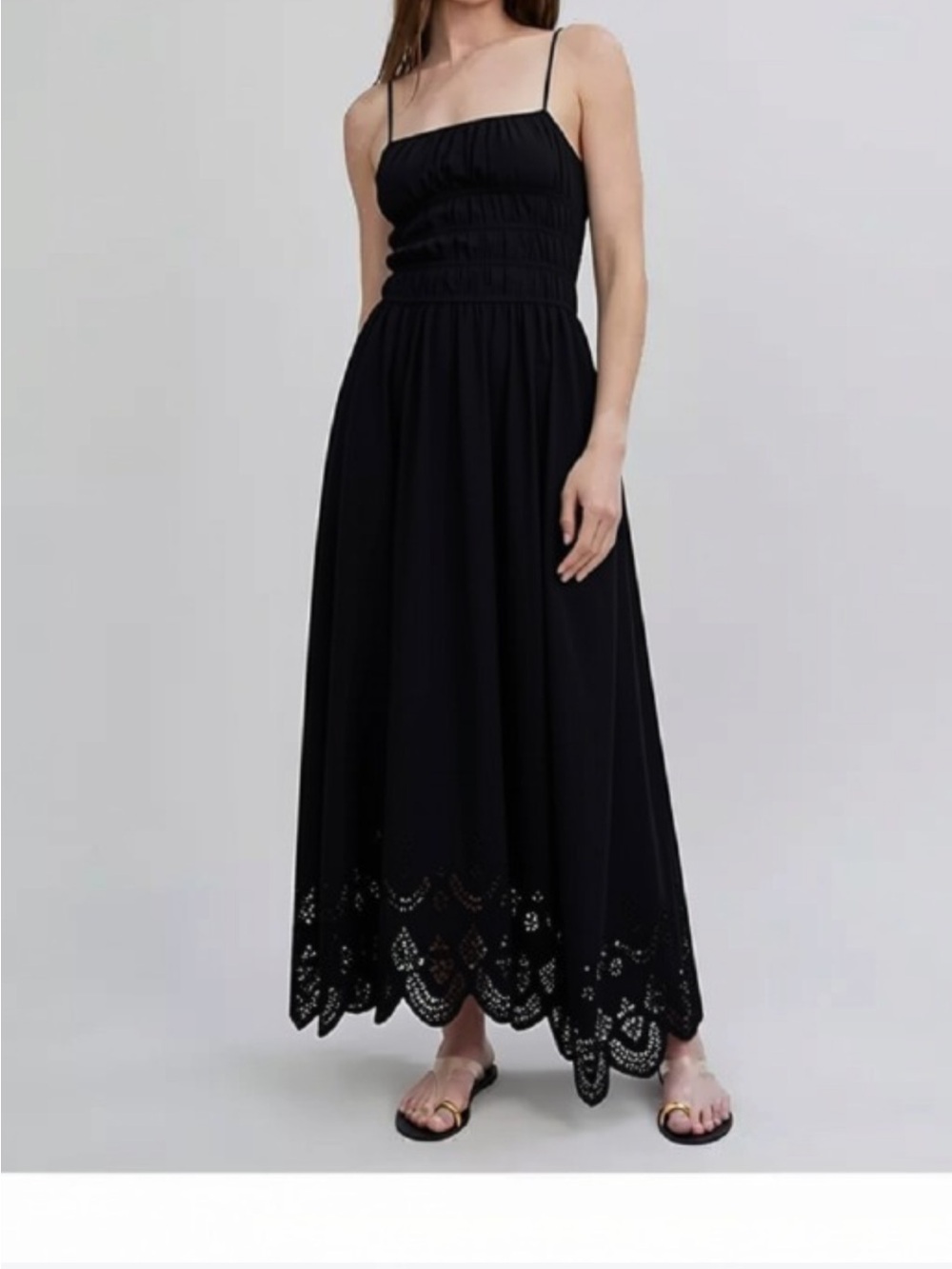 SOLID & STRIPED Black Smocked Maxi Dress with Eyelet Detail